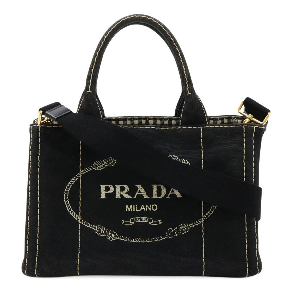 Prada Canapa Tote Bag Crossbody Gingham Check Canvas NERO Black